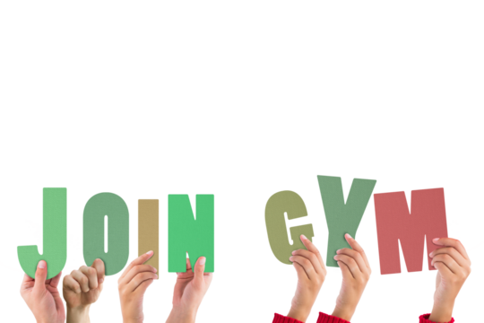 Colorful alphabet spelling join gym held up by people 