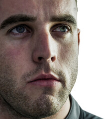 Tough rugby player looking away