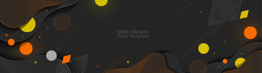 Modern Memphis Banner Background, illustration dark black color with geometric elements for web page,  blog, cover, ad, greeting card.