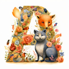 cute fox, Letter Illustrations For Children Books, English Alphabet for kids, made of animals and flowers