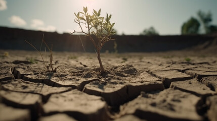 Tree on cracked ground due to drought and global warming. Water shortage and crisis environment. Generative AI