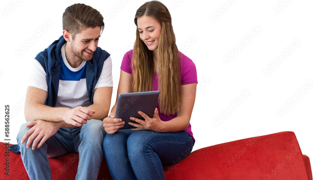 Poster smiling college students using tablet computer