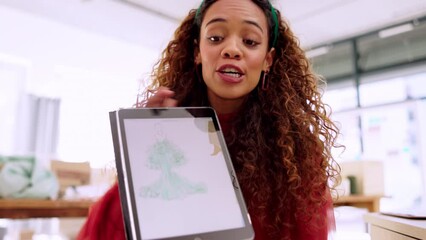 Woman, designer and tablet for presentation, tutorial and fashion sketch in workshop with excited face. Design influencer, mobile touchscreen and live streaming to internet audience for education