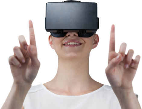Woman pointing upwards while imagining with virtual reality headset