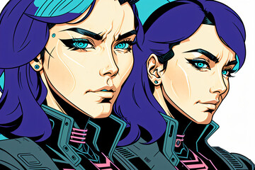 Cyberpunk illustration female couple portrait, feminism, feminist - Generative AI