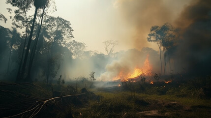Fototapeta na wymiar Extensive forest fire with heavy dark smoke in tropical forest. Cause of deforestation. Generative AI