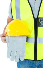 Construction worker holding gloves and hardhat