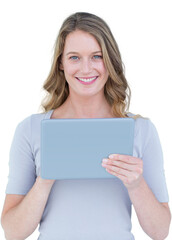 Portrait of happy woman holding digital tablet 
