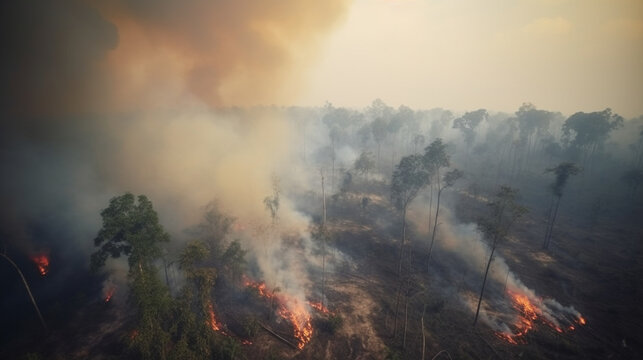 Extensive forest fire with heavy dark smoke in tropical forest. Cause of deforestation. Generative AI