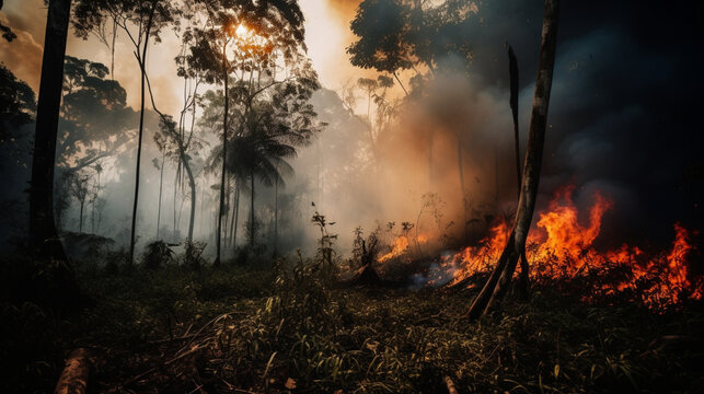 Fires in forest - global climate change Burning rainforest Generative AI