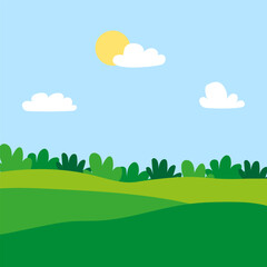 Obraz premium green cartoon meadow sun. Hills horizon. Vector illustration.