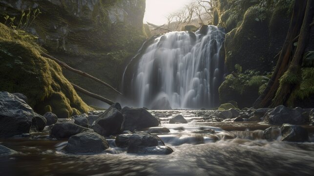Imaginary waterfall in Scandinavia, AI generative image