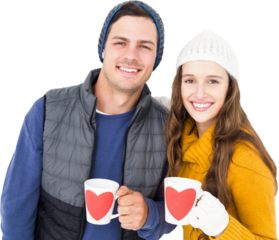 Smiling couple holding mug 
