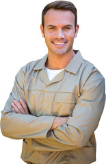 Confident delivery man standing with arms crossed