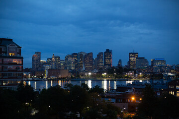 Fototapeta na wymiar Boston Skyline at Night from Navy Yard