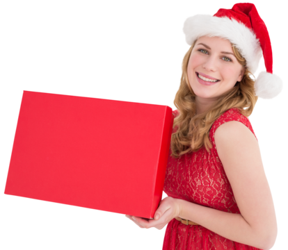 Pretty blonde in red dress holding a box - Powered by Adobe