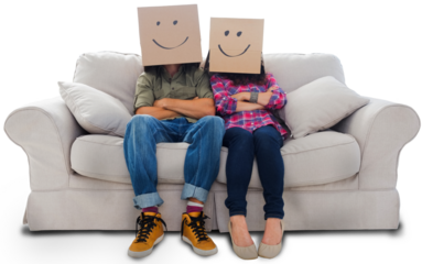 Silly employees with arms folded wearing boxes on their heads