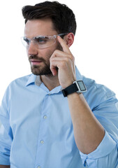 Man wearing smart watch and protective eyewear