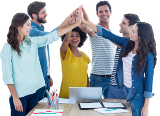 Group of young colleagues using laptop 