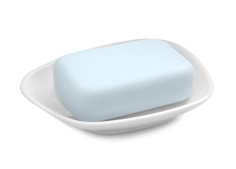 Holder with soap bar on white background