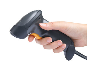 Woman holding barcode scanner on white background, closeup