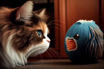Cat face against pet toy. Generative AI.