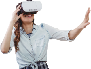 Happy young woman gesturing while using virtual reality simulator