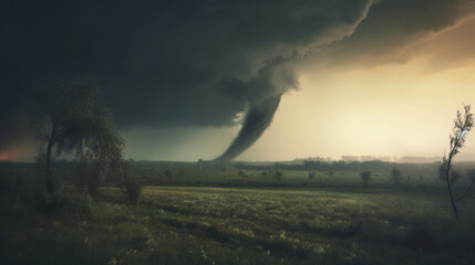 Naklejka na ściany i meble Tornado In Stormy Landscape - Climate Change And Natural Disaster Concept Generative AI