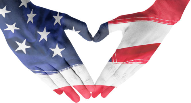 USA flag painted on hands making heart shape