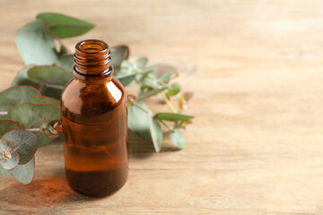 Bottle of eucalyptus essential oil and leaves on wooden table. Space for text