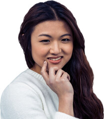 Smiling Asian woman with hand on chin looking at the camera