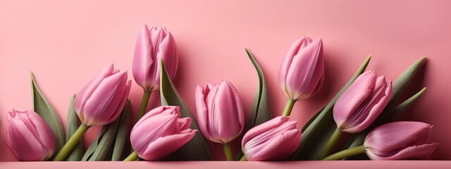 Fototapeta premium Soft pink Mother's Day banner featuring tulip bouquet
