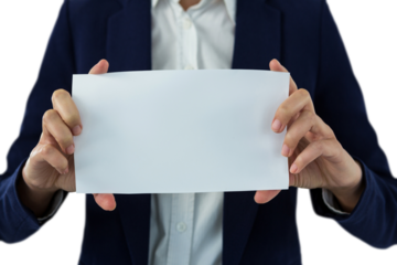 Midsection of businesswoman holding blank paper