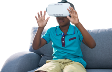 Boy gesturing while using virtual reality simulator