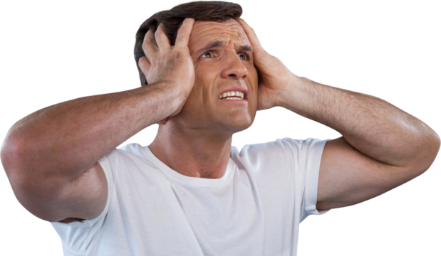 Mature man with head in hands looking away