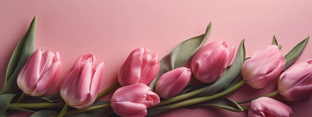 Fototapeta premium Delicate pink tulips in a Mother's Day holiday banner