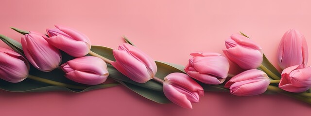 Obraz premium Mother's Day banner with pink tulips on a pink backdrop