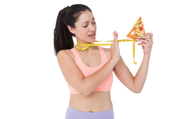 Brunette holding pizza and measuring tape 