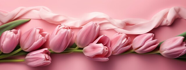 Obraz premium Pink tulip bouquet on matching background for Mother's Day