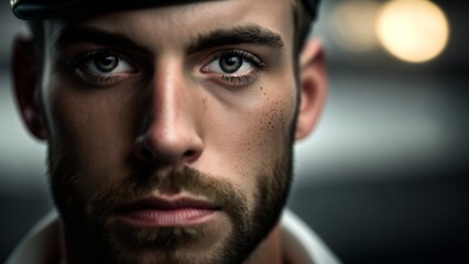 Obraz premium portrait of a young man in a captain's uniform, looking into the camera, dark background, generated in AI