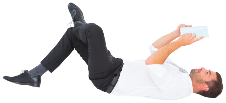 Businessman lying and using tablet - Powered by Adobe