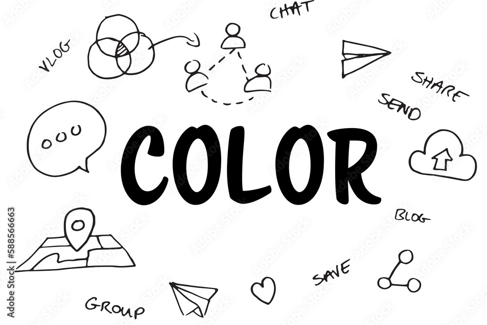 Poster color text surrounded by various vector icons