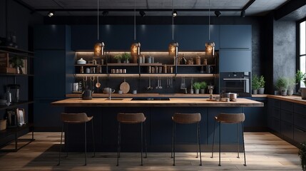 Modern style kitchen interior design with dark blue wall 