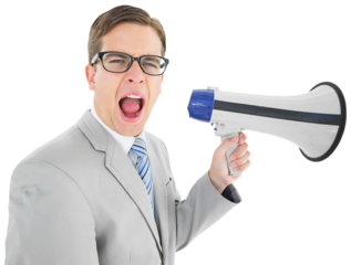 Geeky businessman shouting through megaphone