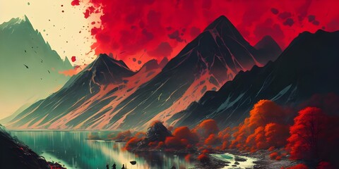 Artistic abstract painting of fantasy mountains landscape, digital art illustration, wallpaper, Generative AI