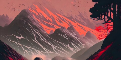 Artistic abstract painting of fantasy mountains landscape, digital art illustration, wallpaper, Generative AI
