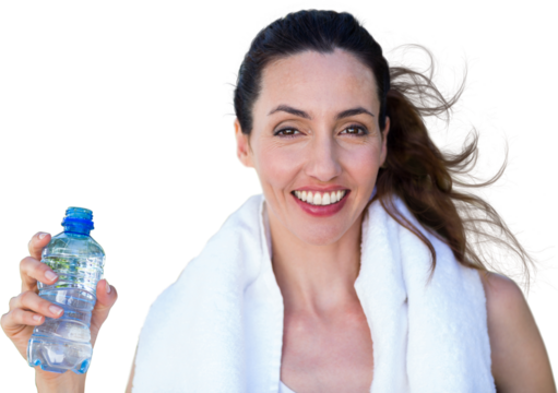 Beautiful brunette holding bottle of water