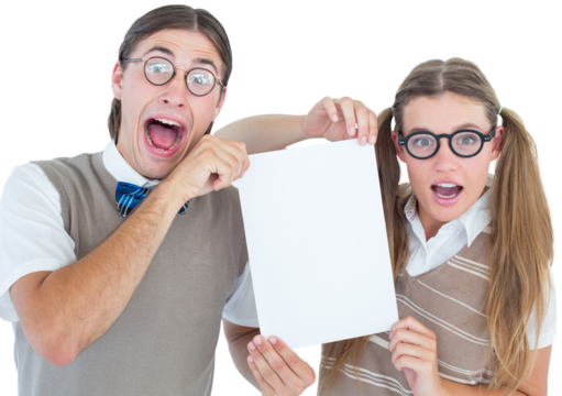 Geeky hipsters holding a poster 