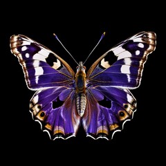 Butterfly symmetrical, isolated on black background. Generative AI clipart for design, scrapbooking, cards and invitations