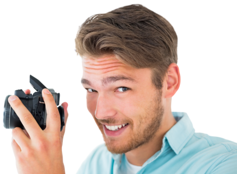 Handsome young man holding digital camera - Powered by Adobe